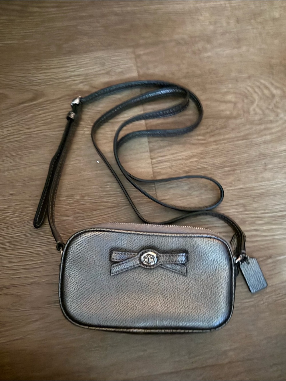 Coach Metallic Taupe Crossbody Bag with Bow Accent